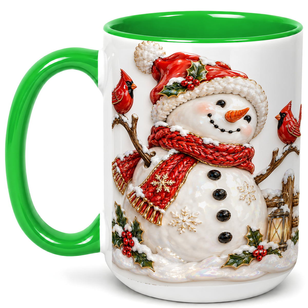 #pl[15oz|Green] Holiday Snowman Coffee Mug, Cardinal Bird Mug, Ceramic Cup