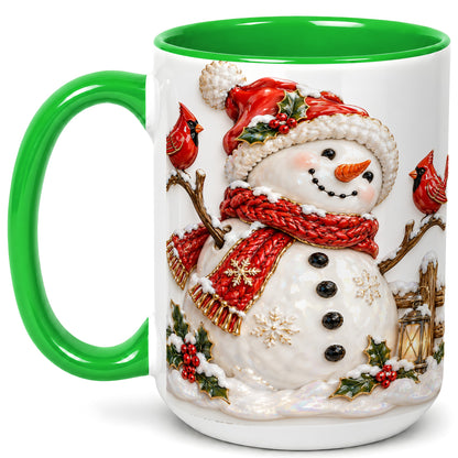 #pl[15oz|Green] Holiday Snowman Coffee Mug, Cardinal Bird Mug, Ceramic Cup