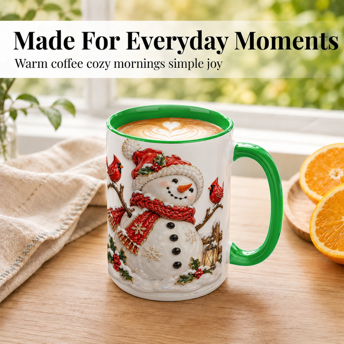 #pl[15oz|Green] Holiday Snowman Coffee Mug, Cardinal Bird Mug, Ceramic Cup