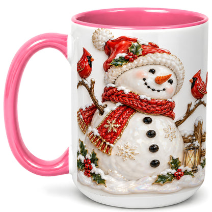 #pl[15oz|Pink] Holiday Snowman Coffee Mug, Cardinal Bird Mug, Ceramic Cup