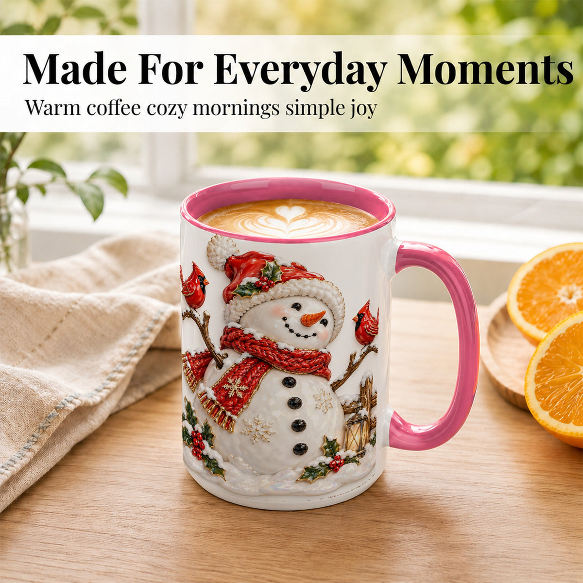 #pl[15oz|Pink] Holiday Snowman Coffee Mug, Cardinal Bird Mug, Ceramic Cup