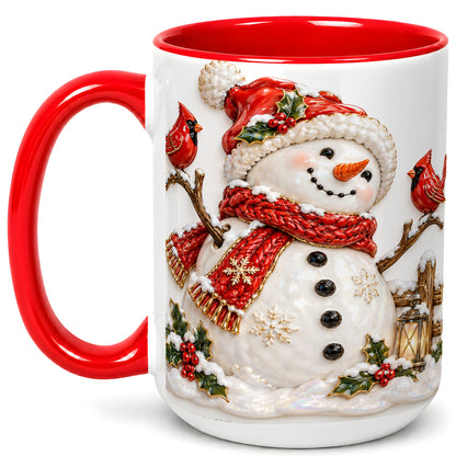 #pl[15oz|Red] Holiday Snowman Coffee Mug, Cardinal Bird Mug, Ceramic Cup
