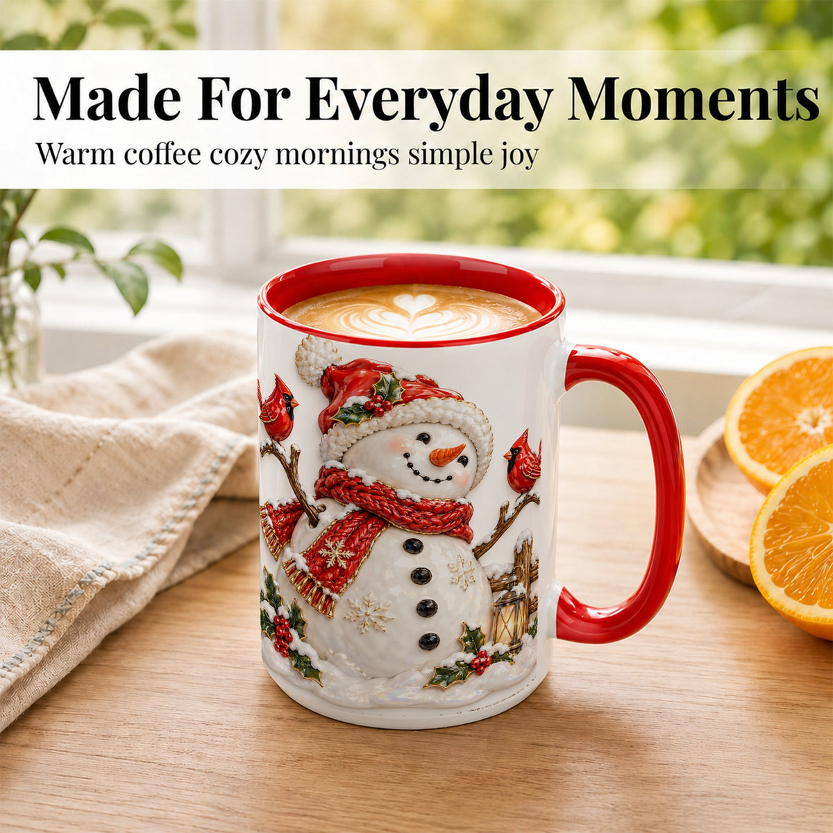 #pl[15oz|Red] Holiday Snowman Coffee Mug, Cardinal Bird Mug, Ceramic Cup
