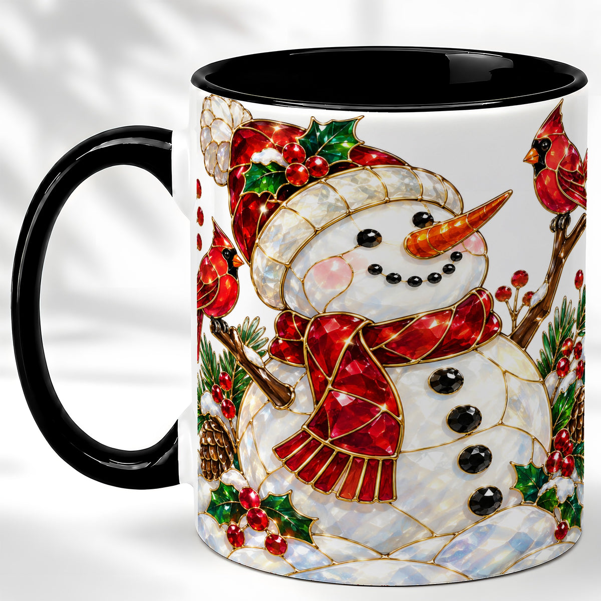 #pl[11oz|Black] Gemstone Snowman Coffee Mug, Cardinal Winter Mug, Ceramic Cup