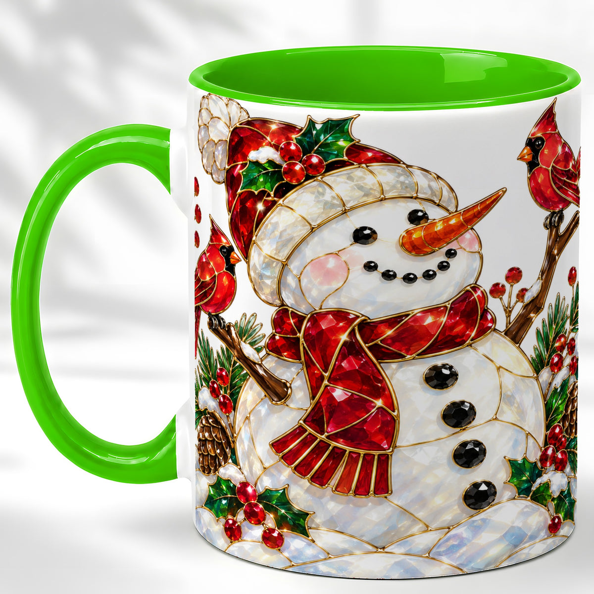 #pl[11oz|Green] Gemstone Snowman Coffee Mug, Cardinal Winter Mug, Ceramic Cup