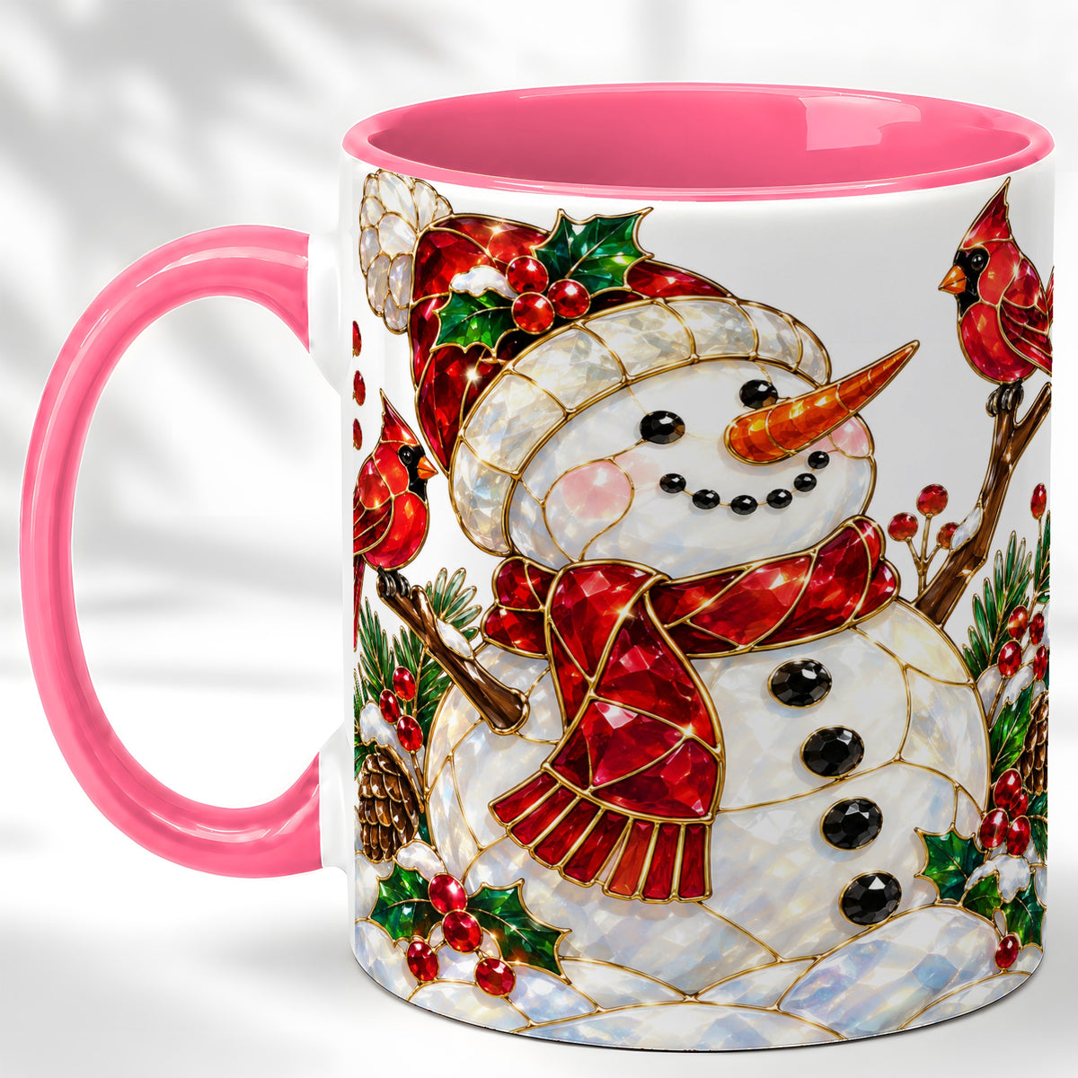#pl[11oz|Pink] Gemstone Snowman Coffee Mug, Cardinal Winter Mug, Ceramic Cup