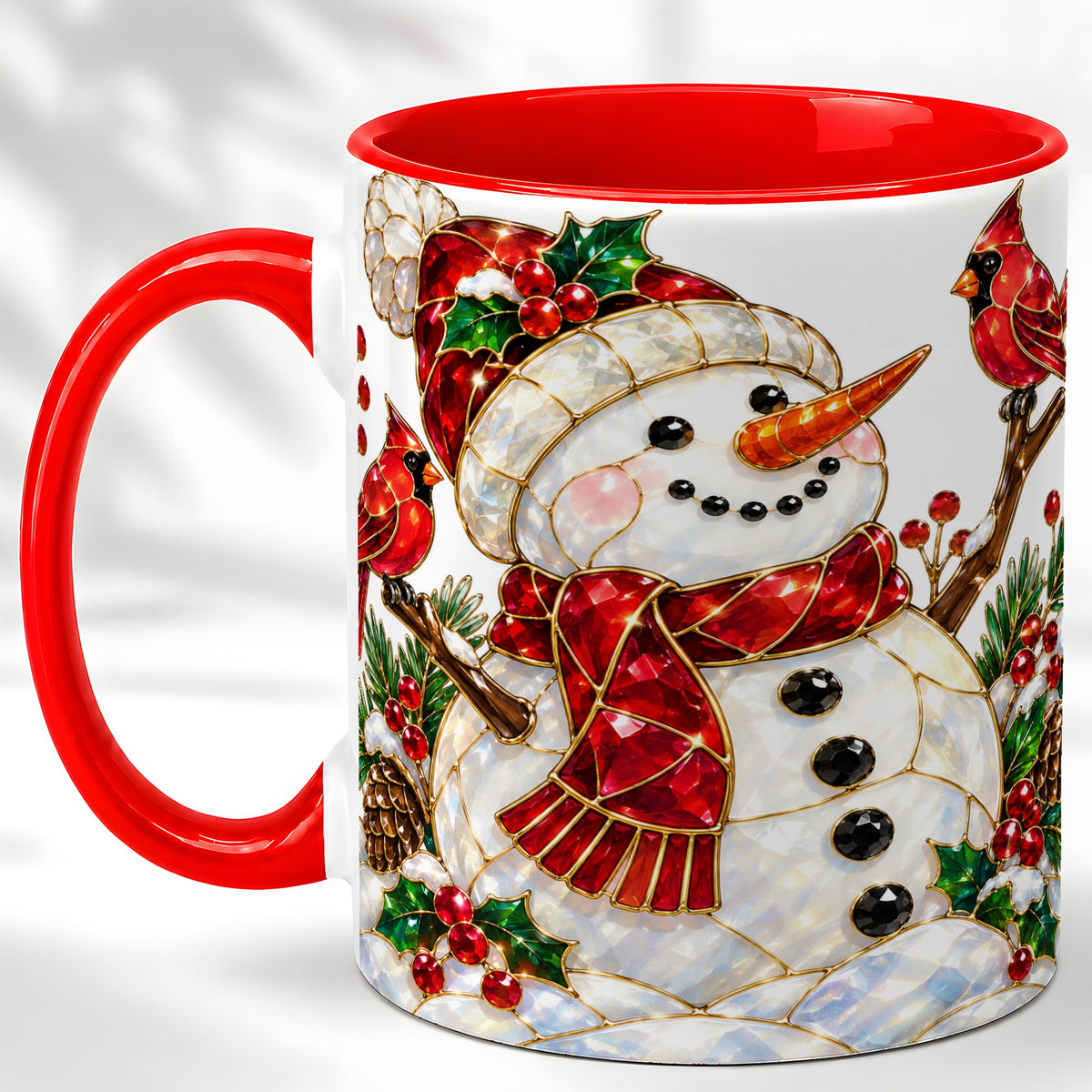 Gemstone Snowman Coffee Mug, Cardinal Winter Mug, Ceramic Cup
