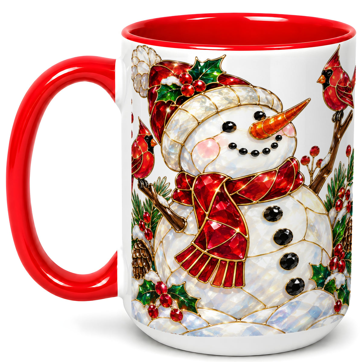 #pl[15oz|Red] Gemstone Snowman Coffee Mug, Cardinal Winter Mug, Ceramic Cup