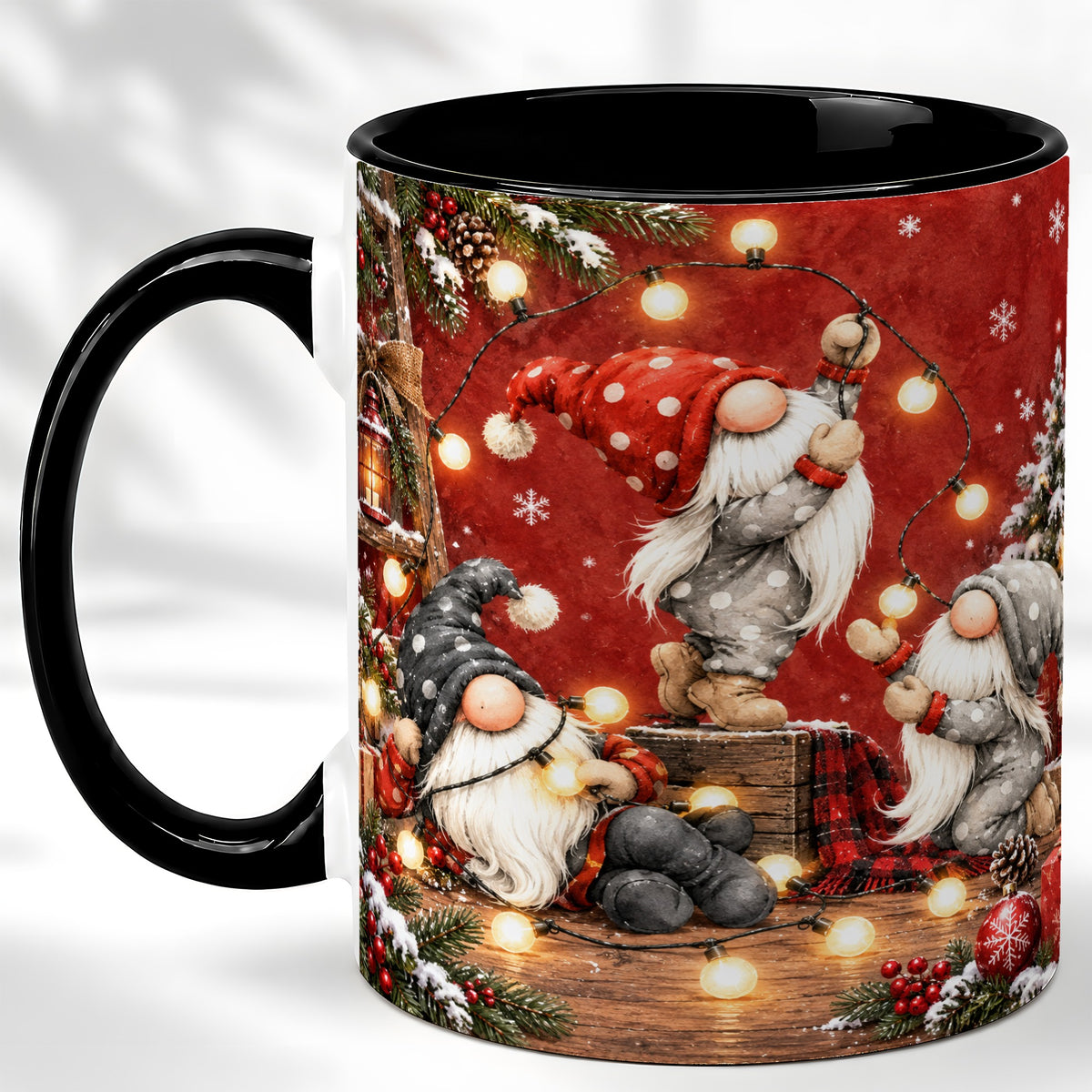 #pl[11oz|Black] Christmas Gnome Coffee Mug, Holiday Lights Mug, Ceramic Cup