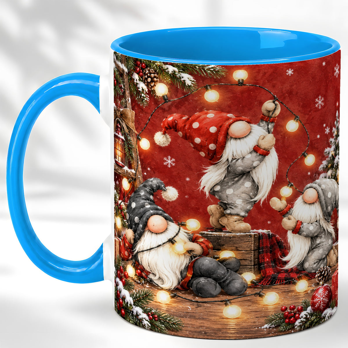 #pl[11oz|Blue] Christmas Gnome Coffee Mug, Holiday Lights Mug, Ceramic Cup