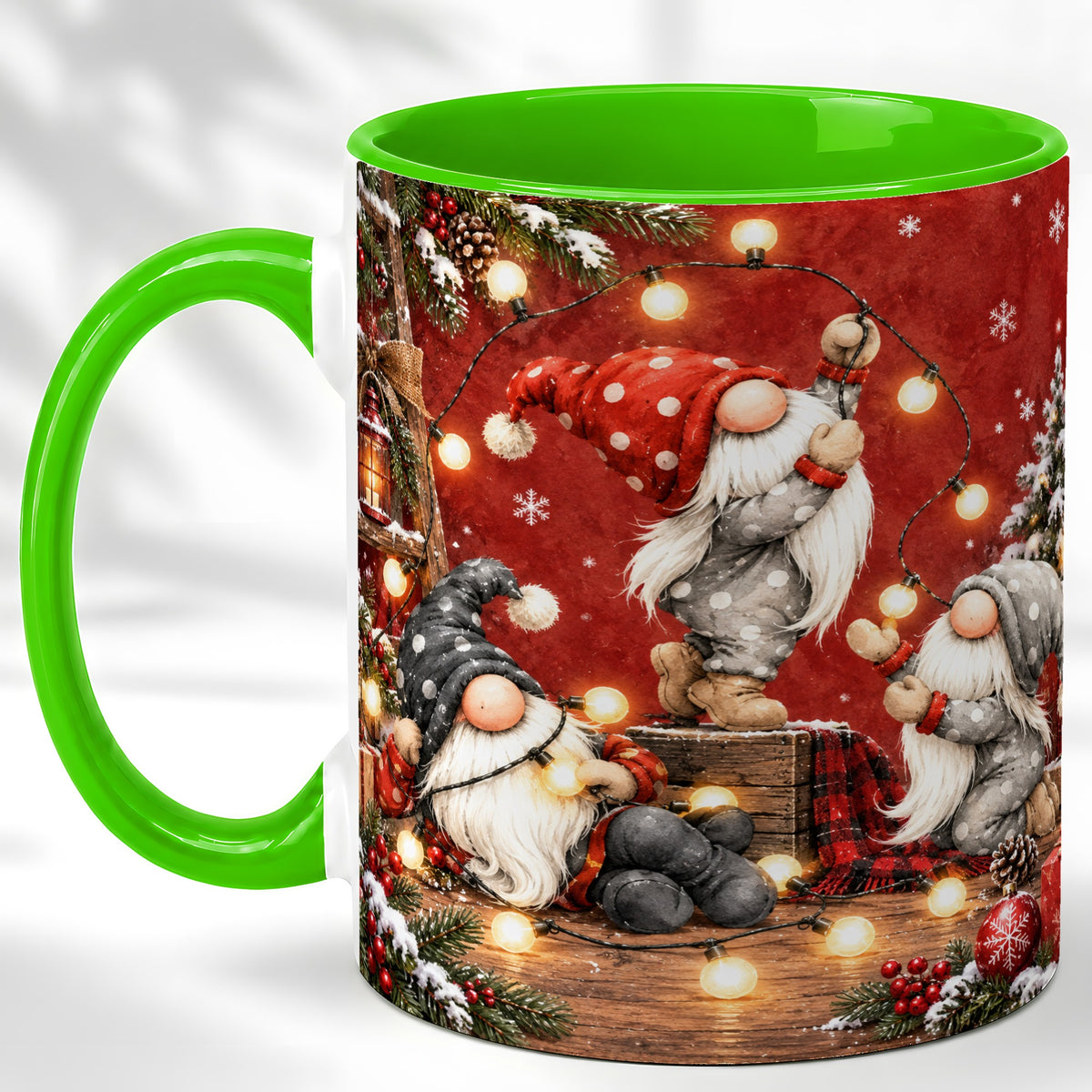 #pl[11oz|Green] Christmas Gnome Coffee Mug, Holiday Lights Mug, Ceramic Cup