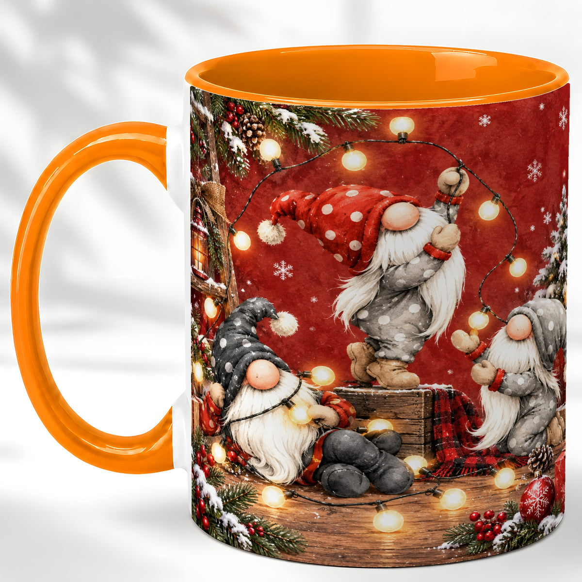 #pl[11oz|Orange] Christmas Gnome Coffee Mug, Holiday Lights Mug, Ceramic Cup