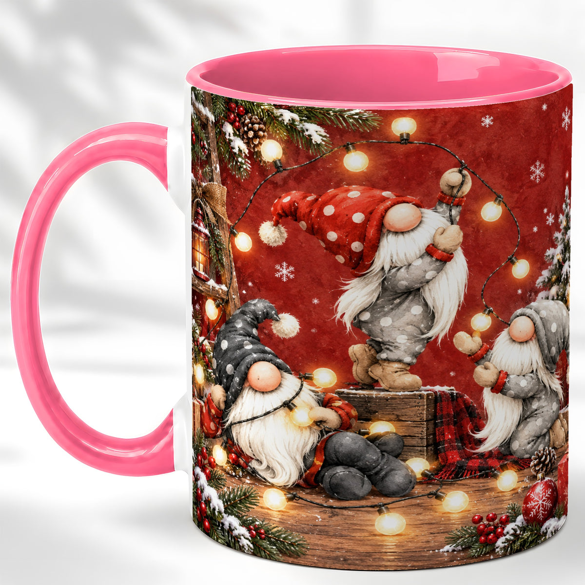 #pl[11oz|Pink] Christmas Gnome Coffee Mug, Holiday Lights Mug, Ceramic Cup