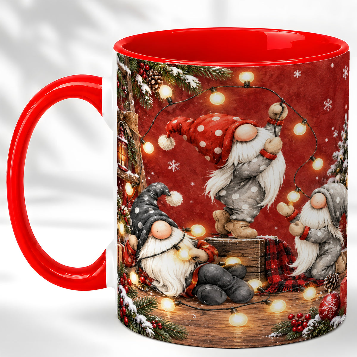 Christmas Gnome Coffee Mug, Holiday Lights Mug, Ceramic Cup