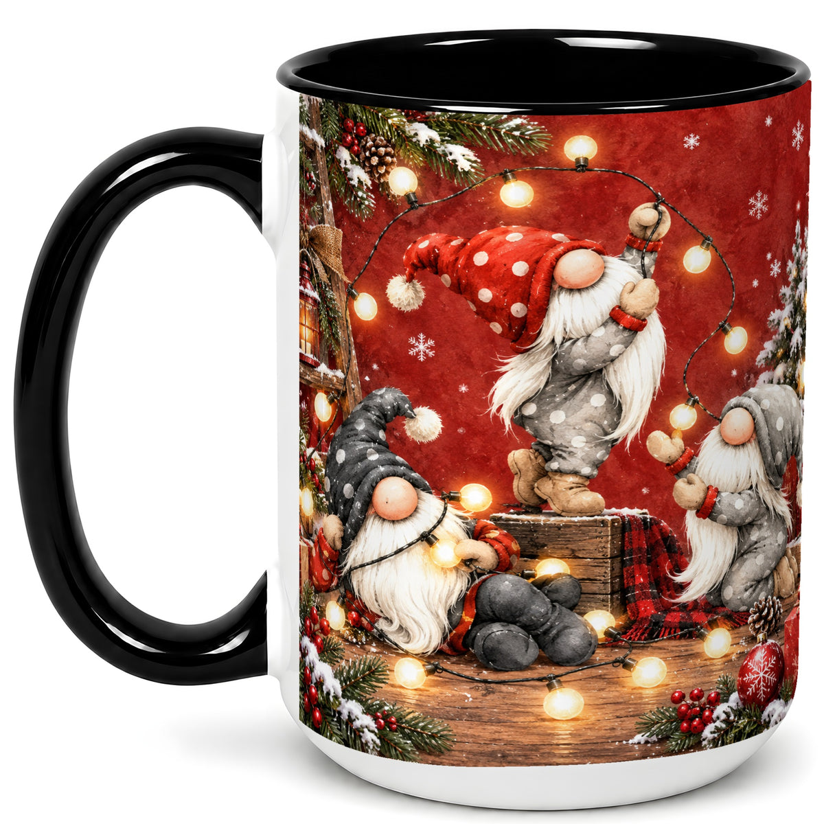 #pl[15oz|Black] Christmas Gnome Coffee Mug, Holiday Lights Mug, Ceramic Cup