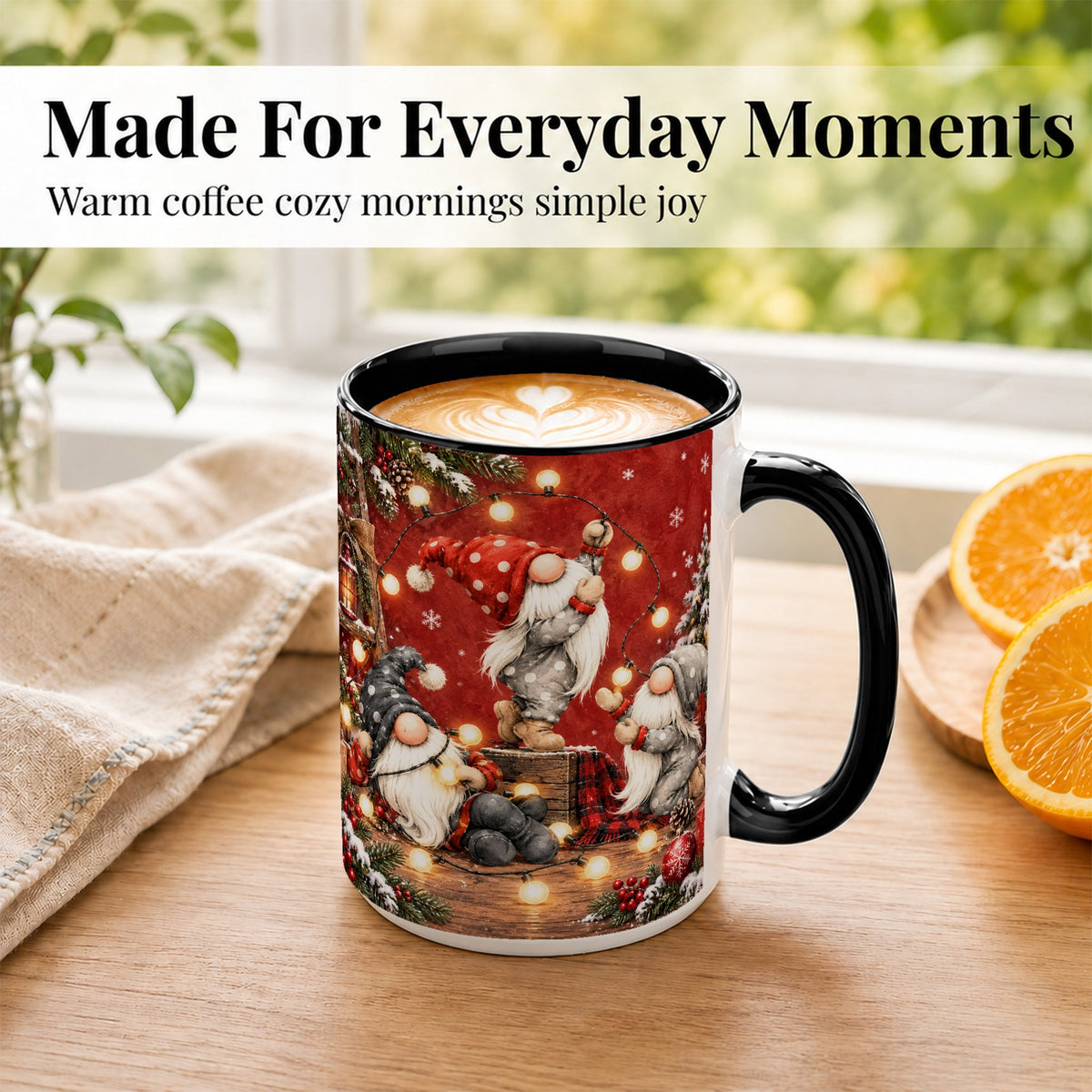 #pl[15oz|Black] Christmas Gnome Coffee Mug, Holiday Lights Mug, Ceramic Cup