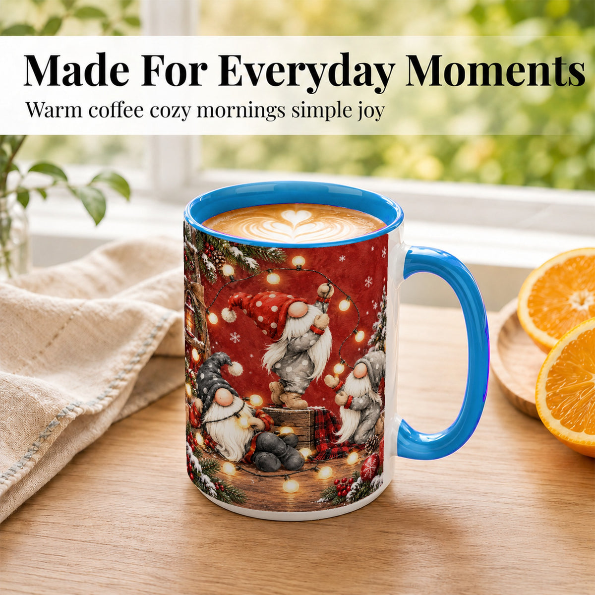 #pl[15oz|Blue] Christmas Gnome Coffee Mug, Holiday Lights Mug, Ceramic Cup