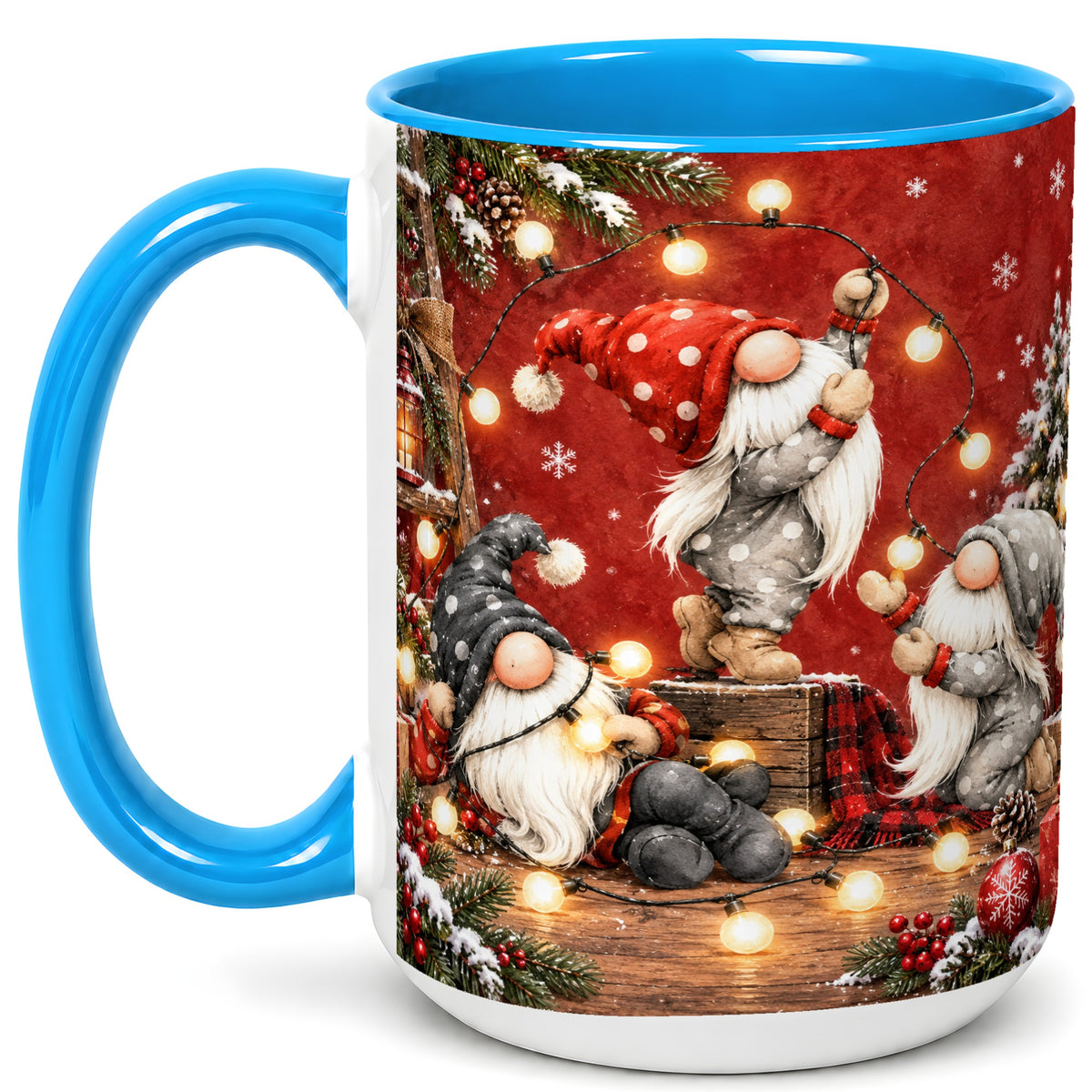#pl[15oz|Blue] Christmas Gnome Coffee Mug, Holiday Lights Mug, Ceramic Cup