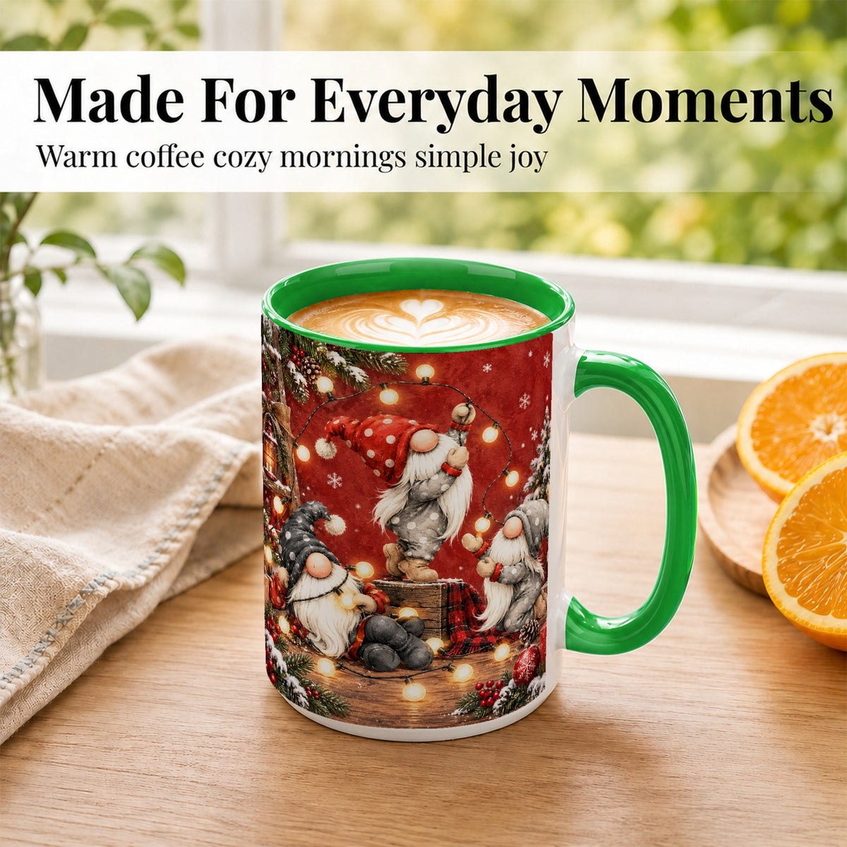 #pl[15oz|Green] Christmas Gnome Coffee Mug, Holiday Lights Mug, Ceramic Cup