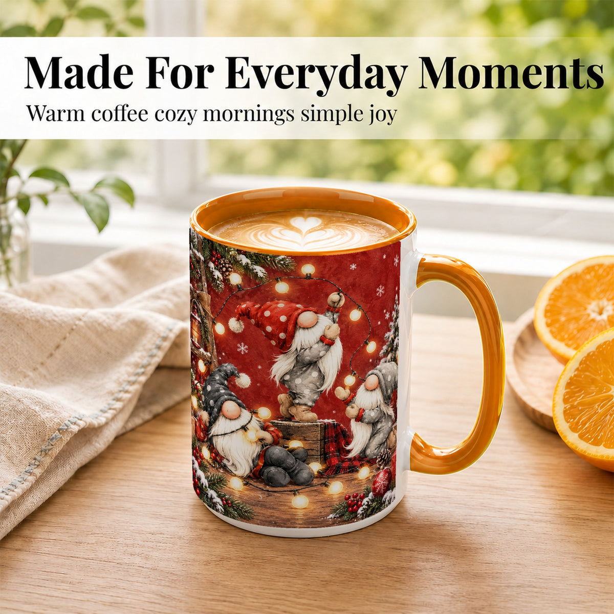 #pl[15oz|Orange] Christmas Gnome Coffee Mug, Holiday Lights Mug, Ceramic Cup