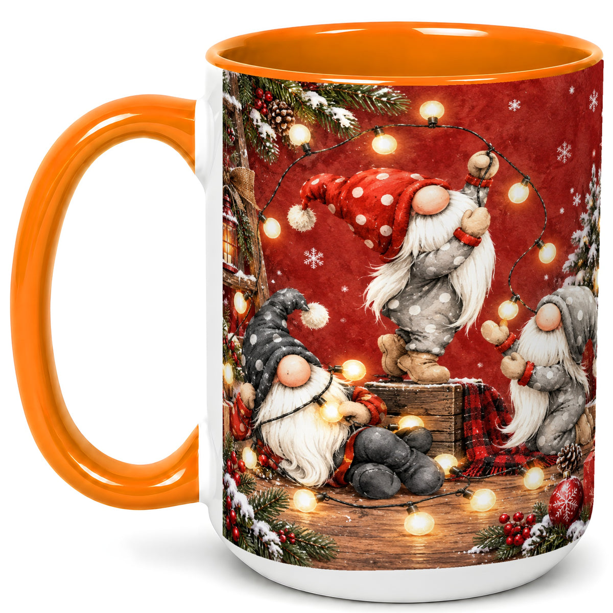 #pl[15oz|Orange] Christmas Gnome Coffee Mug, Holiday Lights Mug, Ceramic Cup