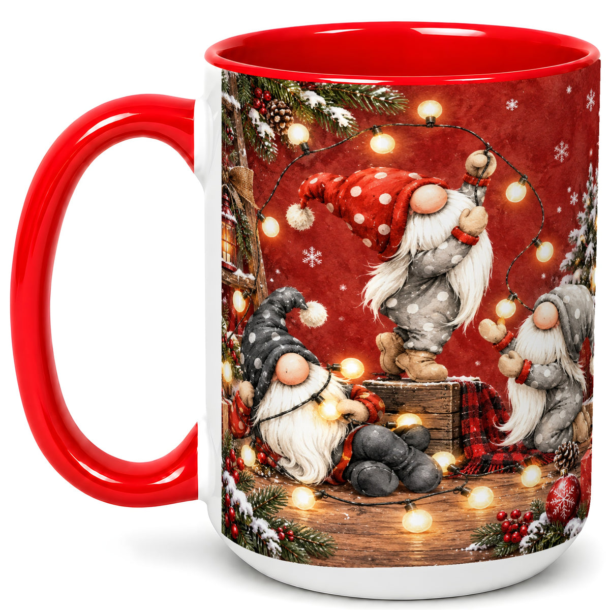 #pl[15oz|Red] Christmas Gnome Coffee Mug, Holiday Lights Mug, Ceramic Cup