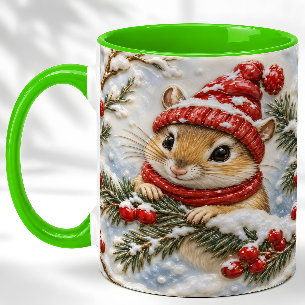 #pl[11oz|Green] Winter Mouse Coffee Mug, Snowy Woodland Mug, Ceramic Cup