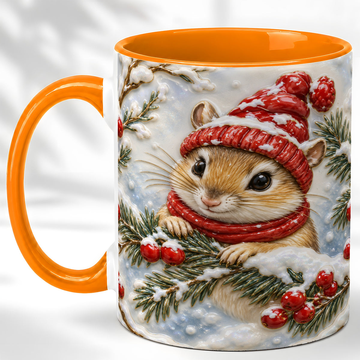#pl[11oz|Orange] Winter Mouse Coffee Mug, Snowy Woodland Mug, Ceramic Cup