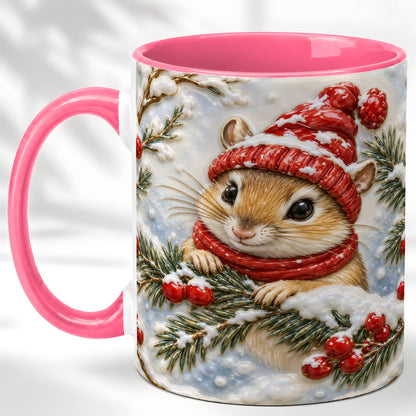 #pl[11oz|Pink] Winter Mouse Coffee Mug, Snowy Woodland Mug, Ceramic Cup