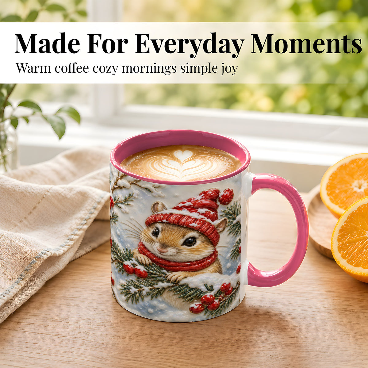 #pl[11oz|Pink] Winter Mouse Coffee Mug, Snowy Woodland Mug, Ceramic Cup