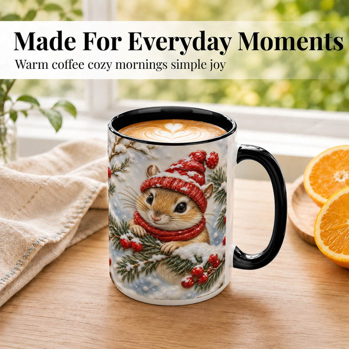 #pl[15oz|Black] Winter Mouse Coffee Mug, Snowy Woodland Mug, Ceramic Cup
