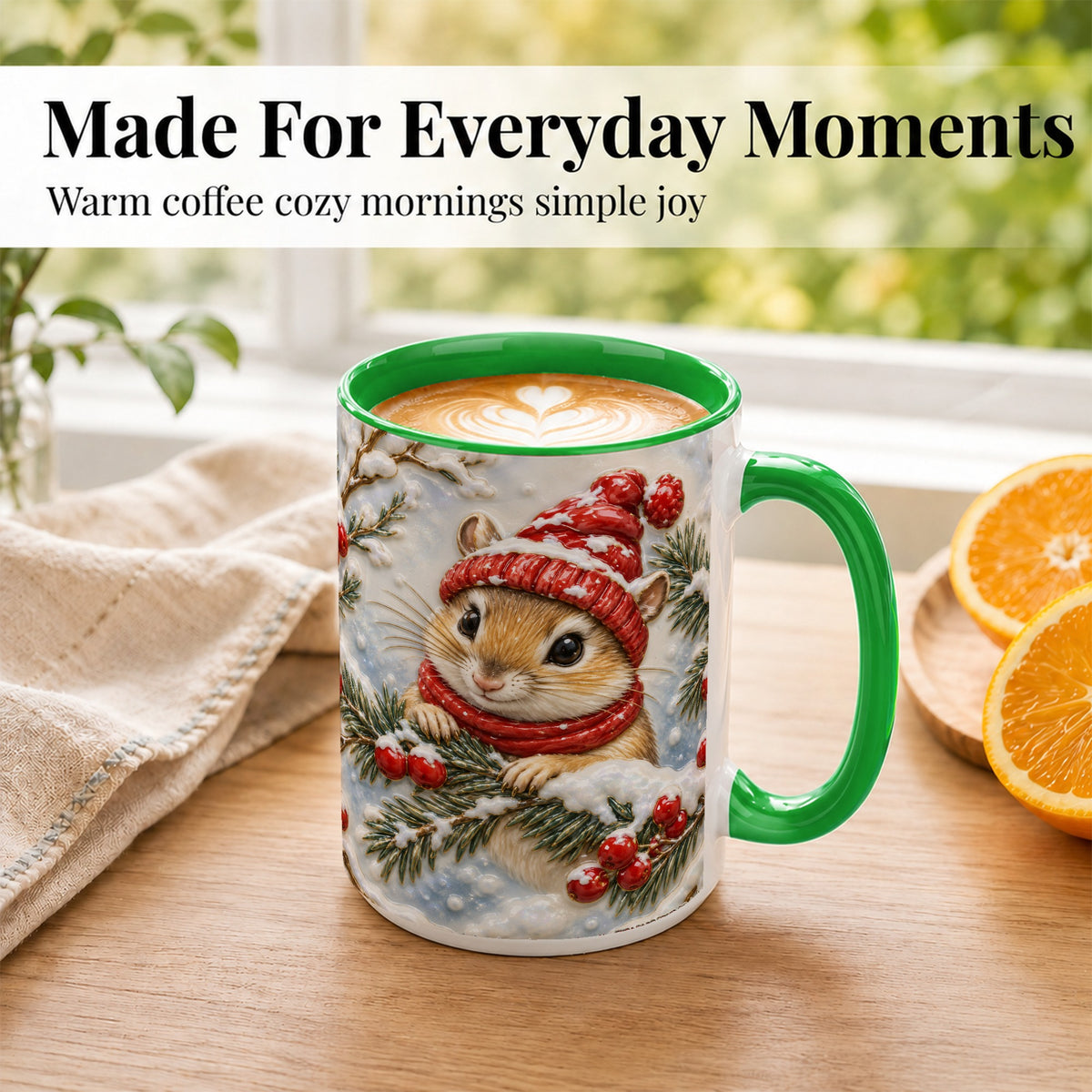 #pl[15oz|Green] Winter Mouse Coffee Mug, Snowy Woodland Mug, Ceramic Cup