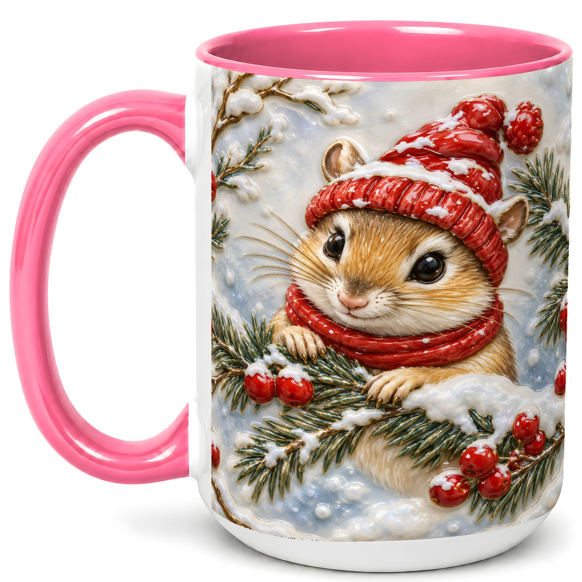 #pl[15oz|Pink] Winter Mouse Coffee Mug, Snowy Woodland Mug, Ceramic Cup