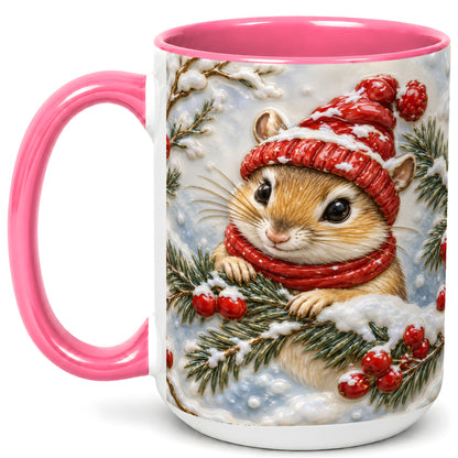 #pl[15oz|Pink] Winter Mouse Coffee Mug, Snowy Woodland Mug, Ceramic Cup