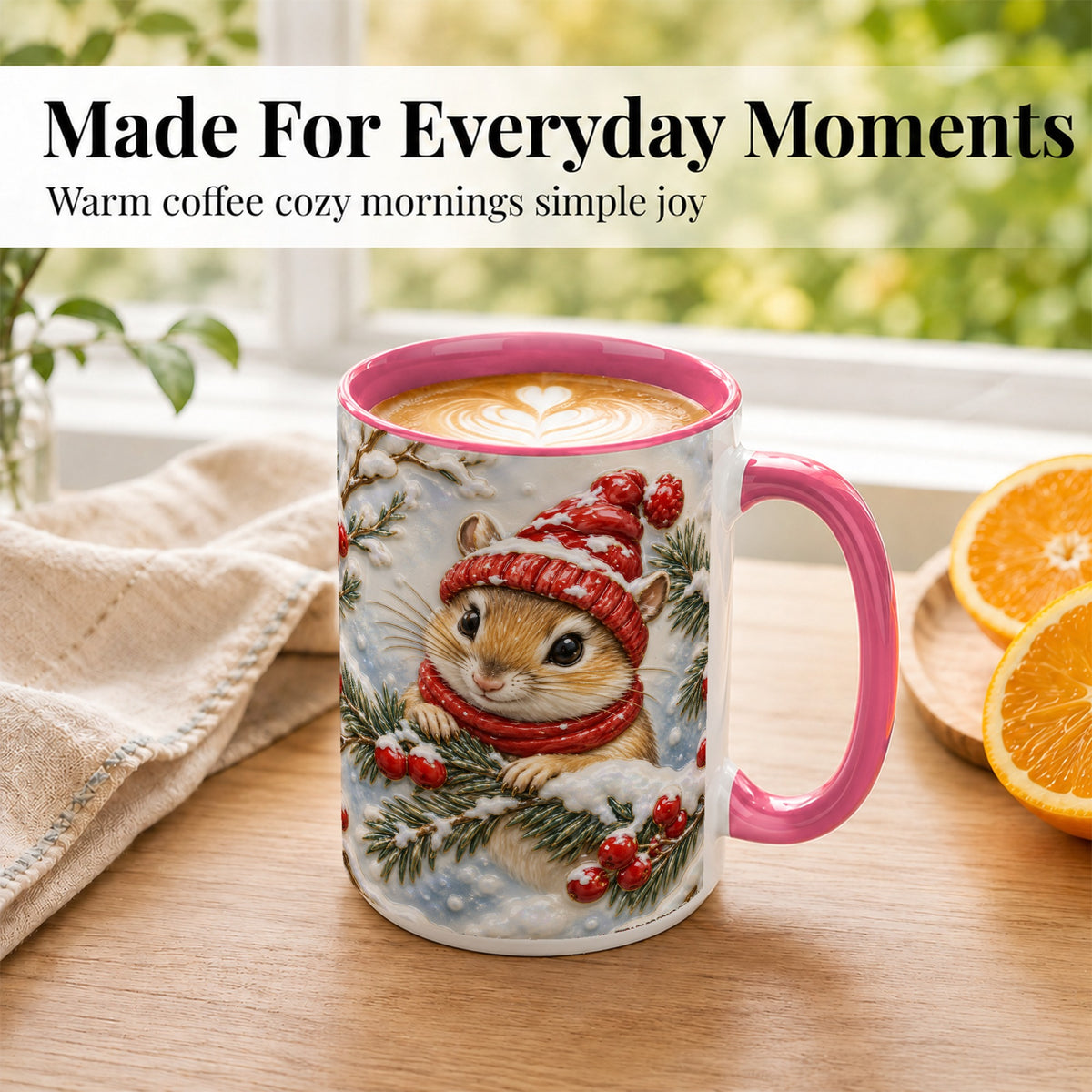 #pl[15oz|Pink] Winter Mouse Coffee Mug, Snowy Woodland Mug, Ceramic Cup