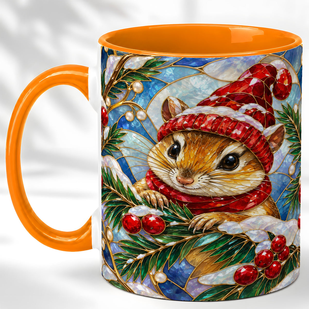 #pl[11oz|Orange] Stained Glass Mouse Coffee Mug, Winter Mouse Mug, Ceramic Cup