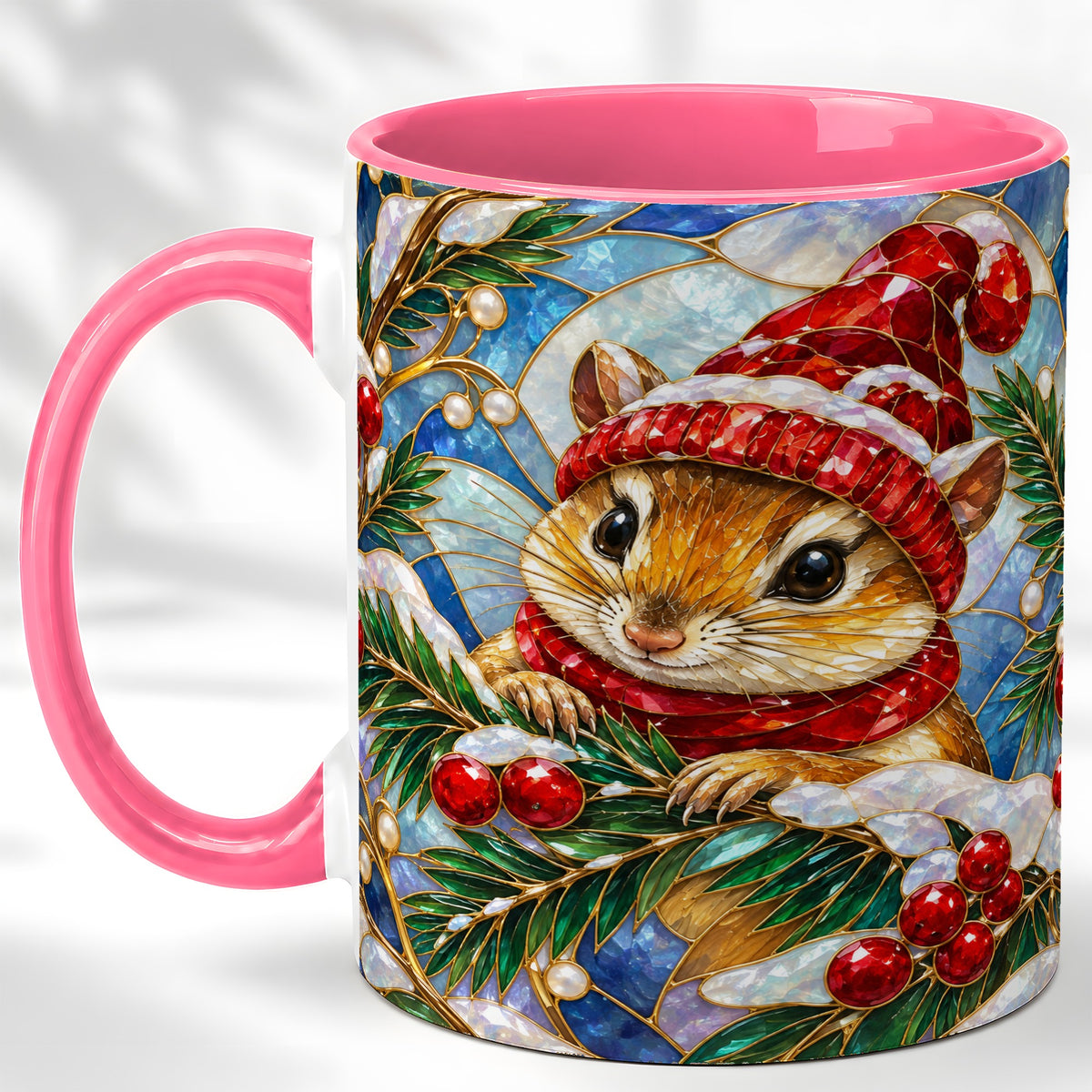 #pl[11oz|Pink] Stained Glass Mouse Coffee Mug, Winter Mouse Mug, Ceramic Cup