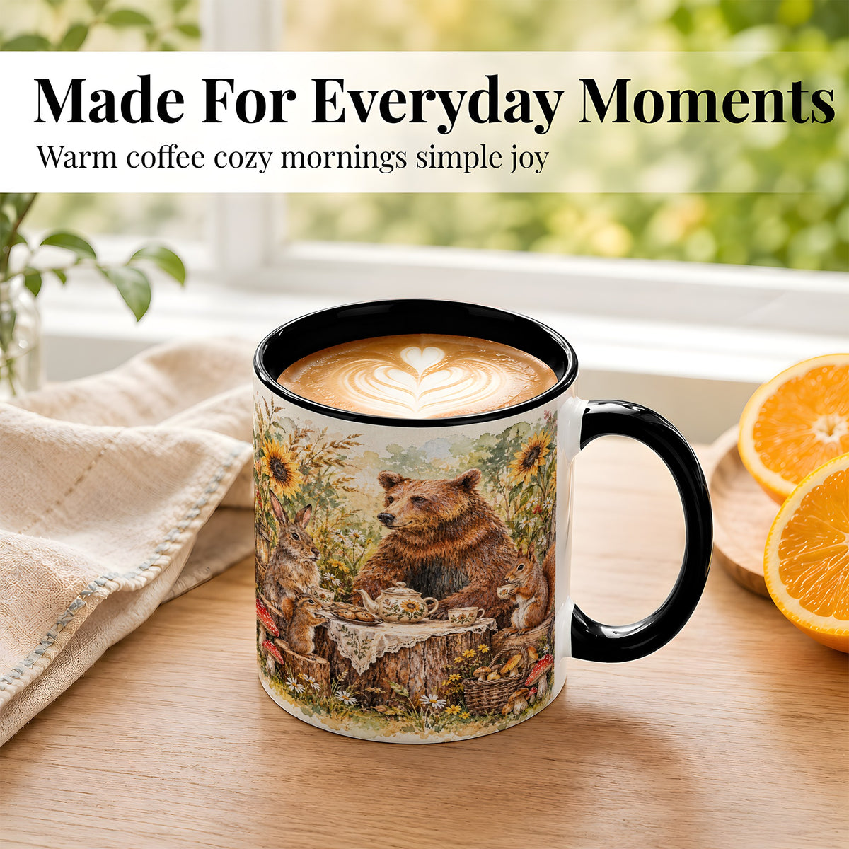 #pl[11oz|Black] Woodland Tea Party Coffee Mug, Forest Animal Mug, Ceramic Cup
