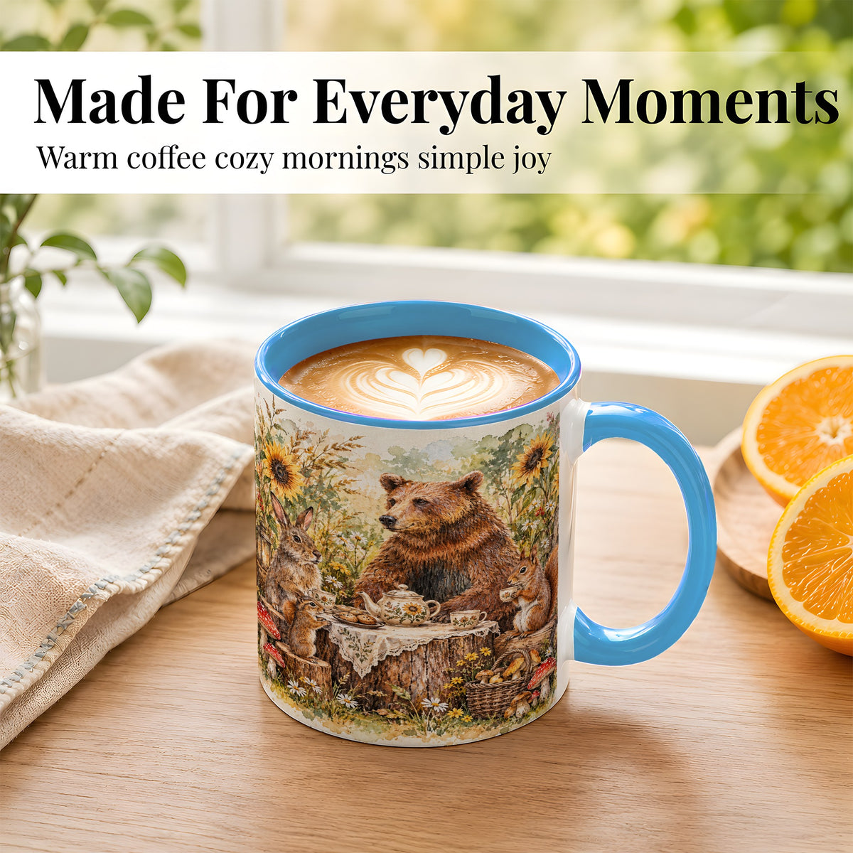 #pl[11oz|Blue] Woodland Tea Party Coffee Mug, Forest Animal Mug, Ceramic Cup