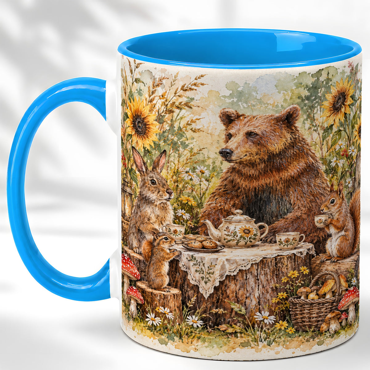 #pl[11oz|Blue] Woodland Tea Party Coffee Mug, Forest Animal Mug, Ceramic Cup