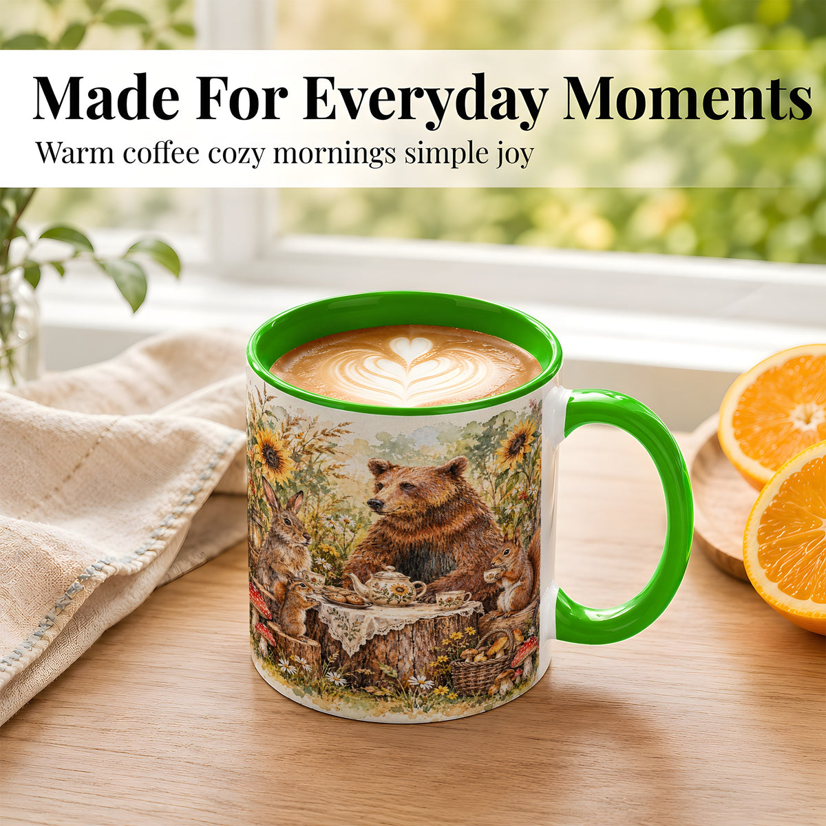 #pl[11oz|Green] Woodland Tea Party Coffee Mug, Forest Animal Mug, Ceramic Cup