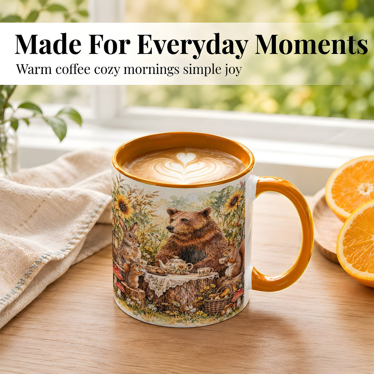 #pl[11oz|Orange] Woodland Tea Party Coffee Mug, Forest Animal Mug, Ceramic Cup