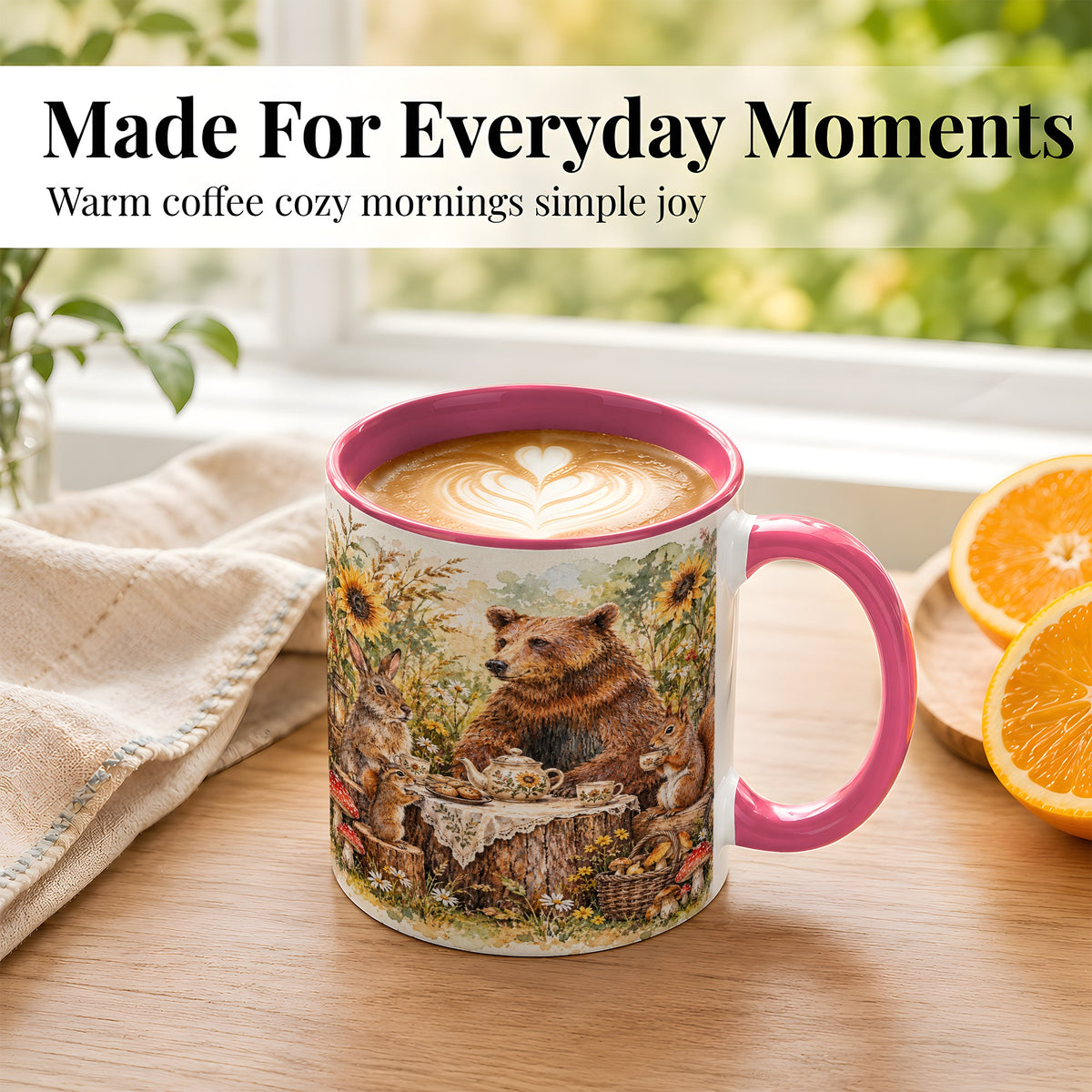 #pl[11oz|Pink] Woodland Tea Party Coffee Mug, Forest Animal Mug, Ceramic Cup