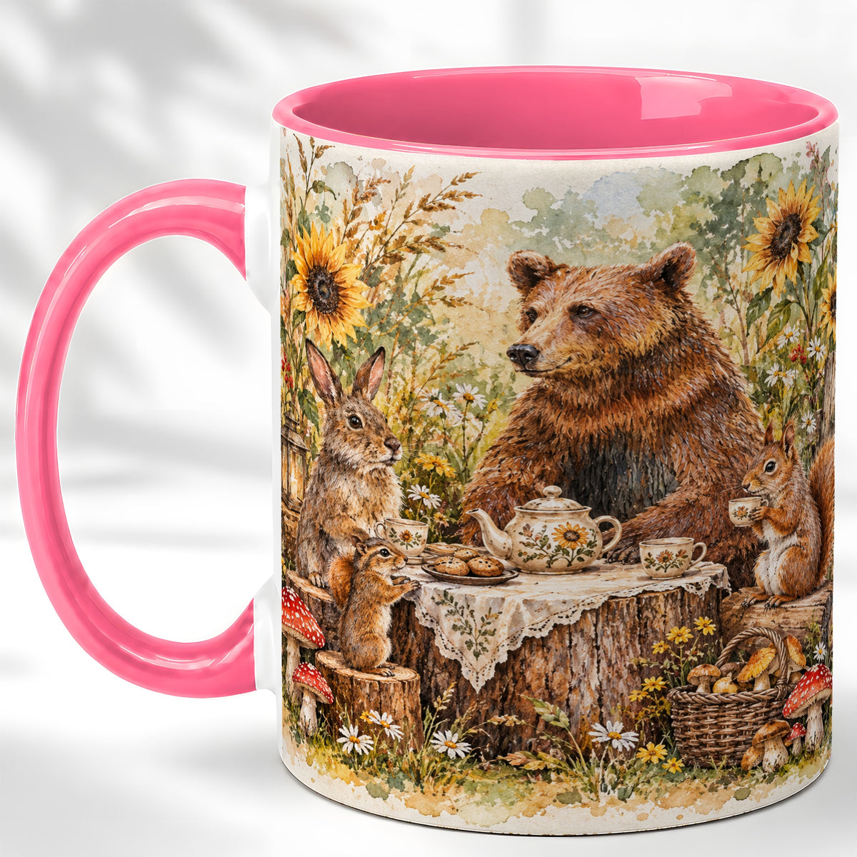 #pl[11oz|Pink] Woodland Tea Party Coffee Mug, Forest Animal Mug, Ceramic Cup