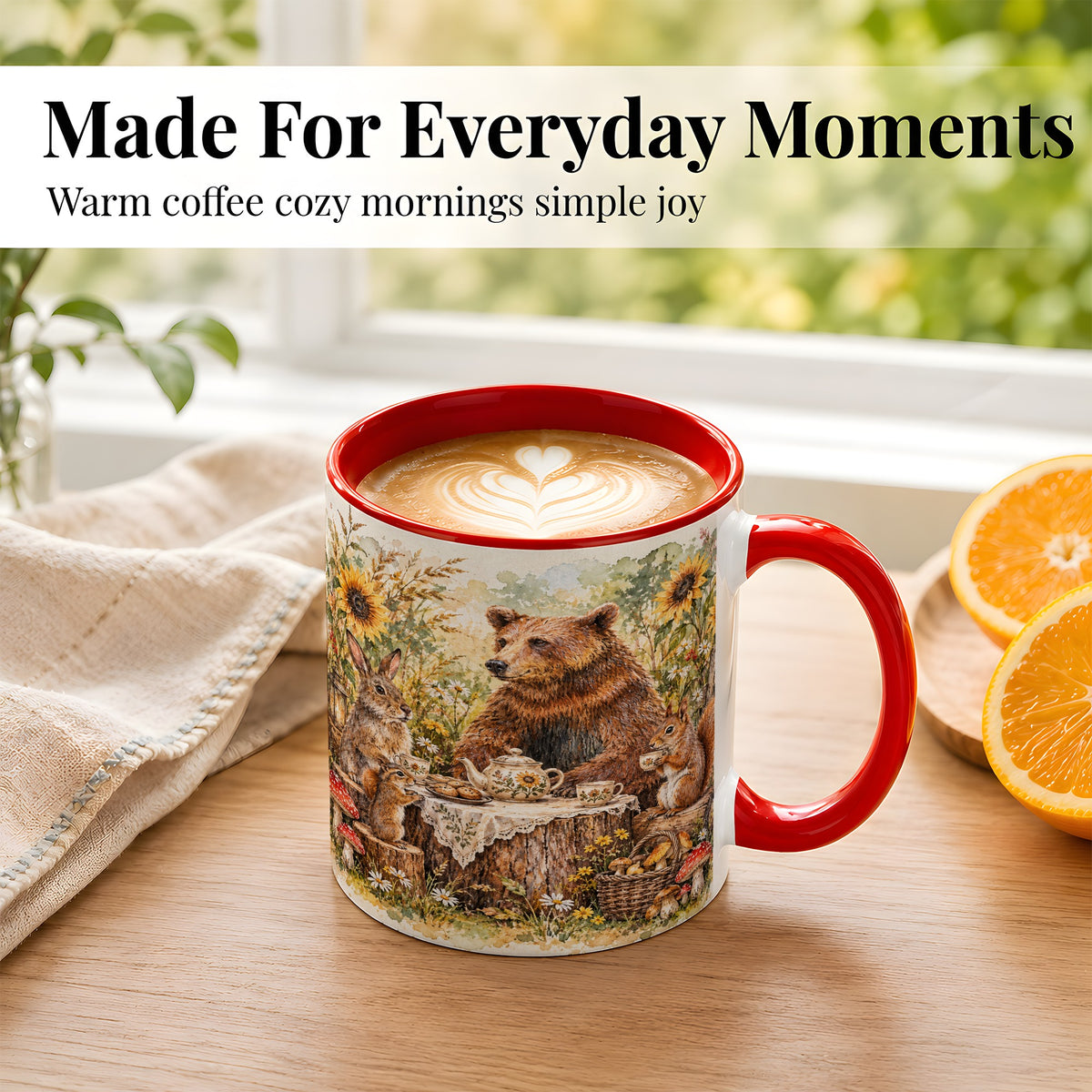 #pl[11oz|Red] Woodland Tea Party Coffee Mug, Forest Animal Mug, Ceramic Cup