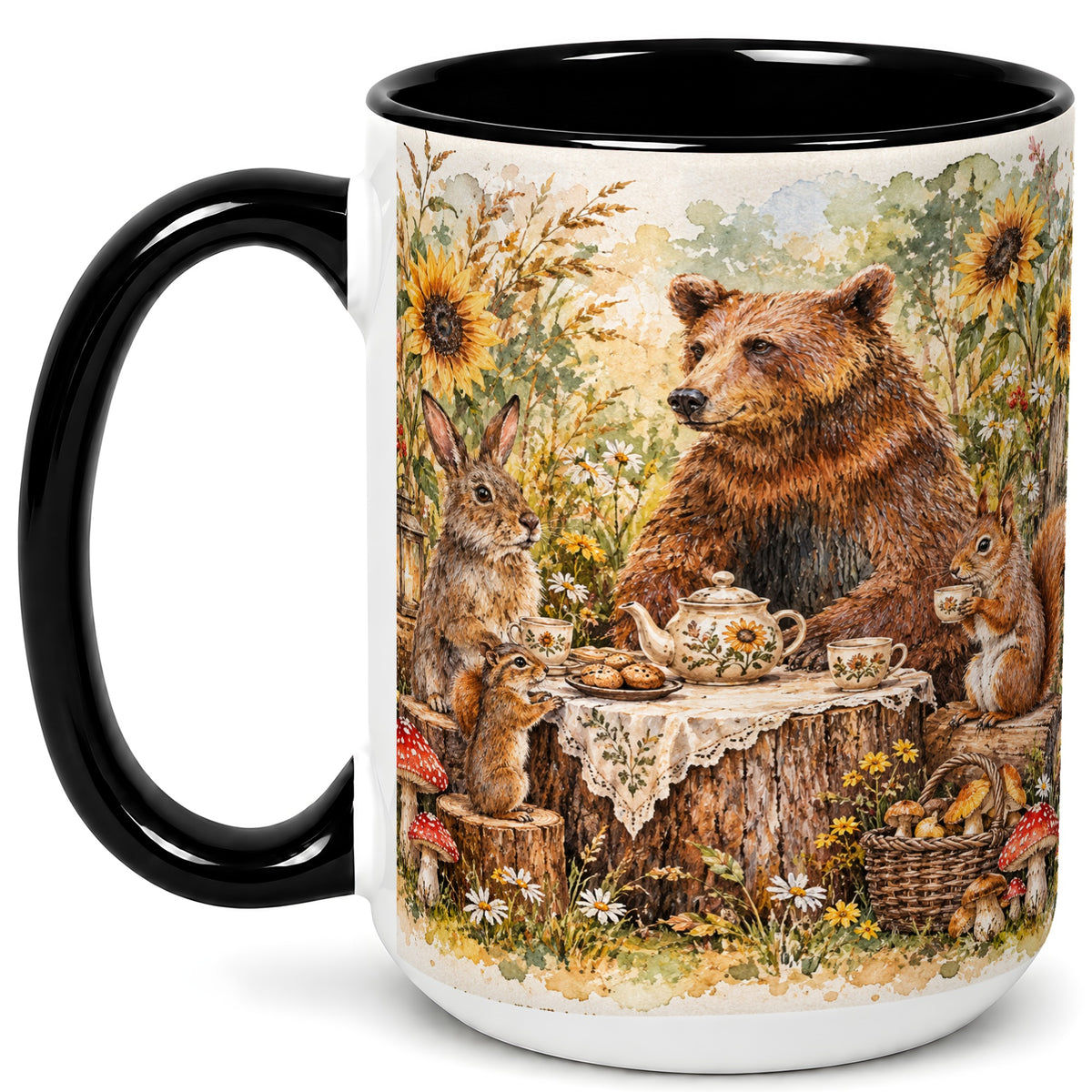 #pl[15oz|Black] Woodland Tea Party Coffee Mug, Forest Animal Mug, Ceramic Cup