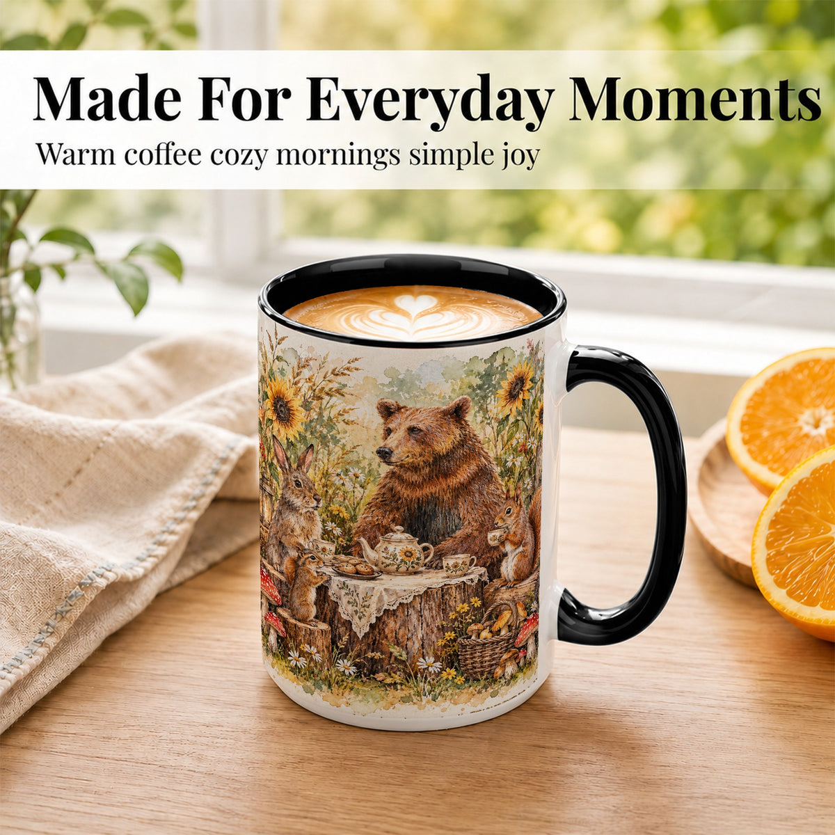 #pl[15oz|Black] Woodland Tea Party Coffee Mug, Forest Animal Mug, Ceramic Cup
