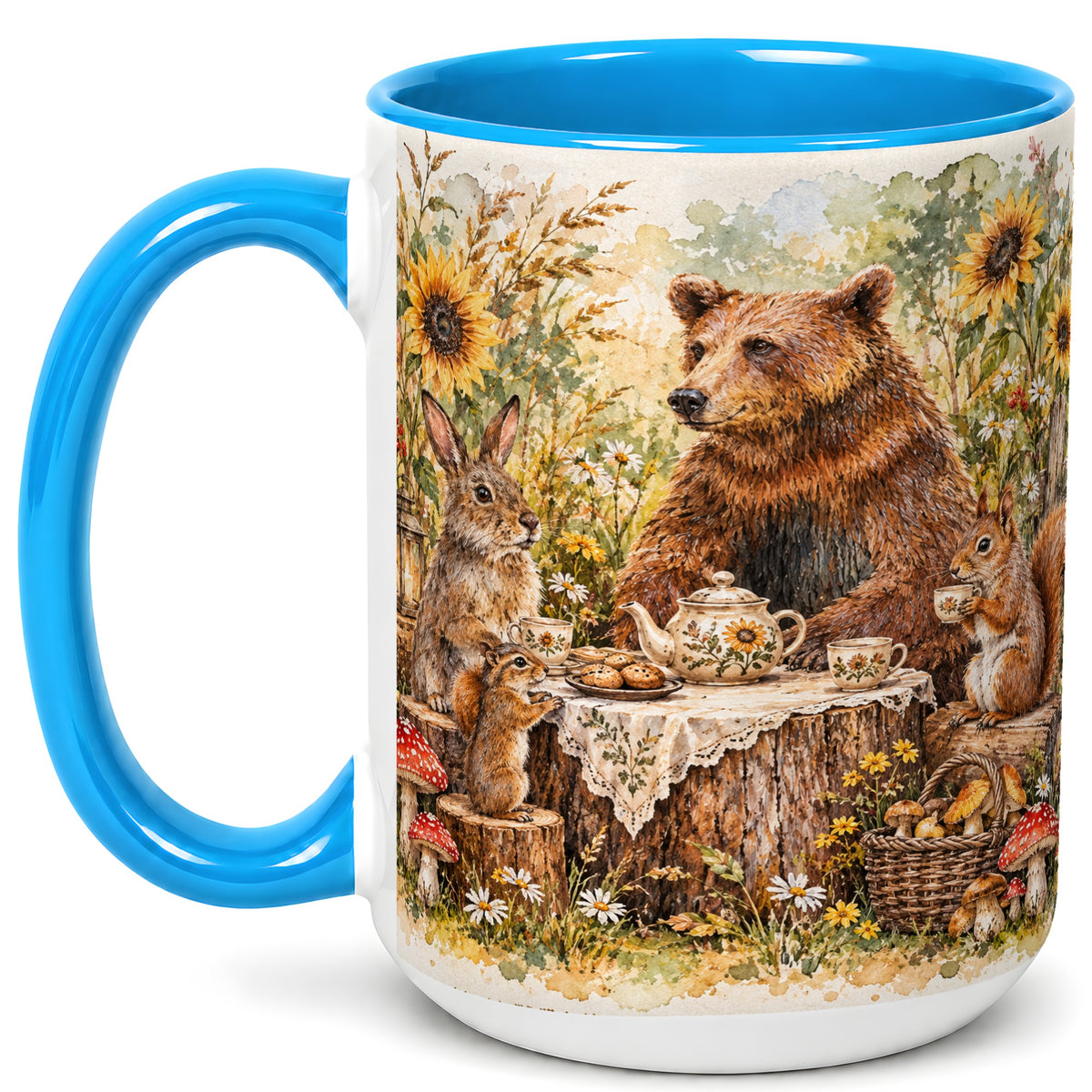 #pl[15oz|Blue] Woodland Tea Party Coffee Mug, Forest Animal Mug, Ceramic Cup