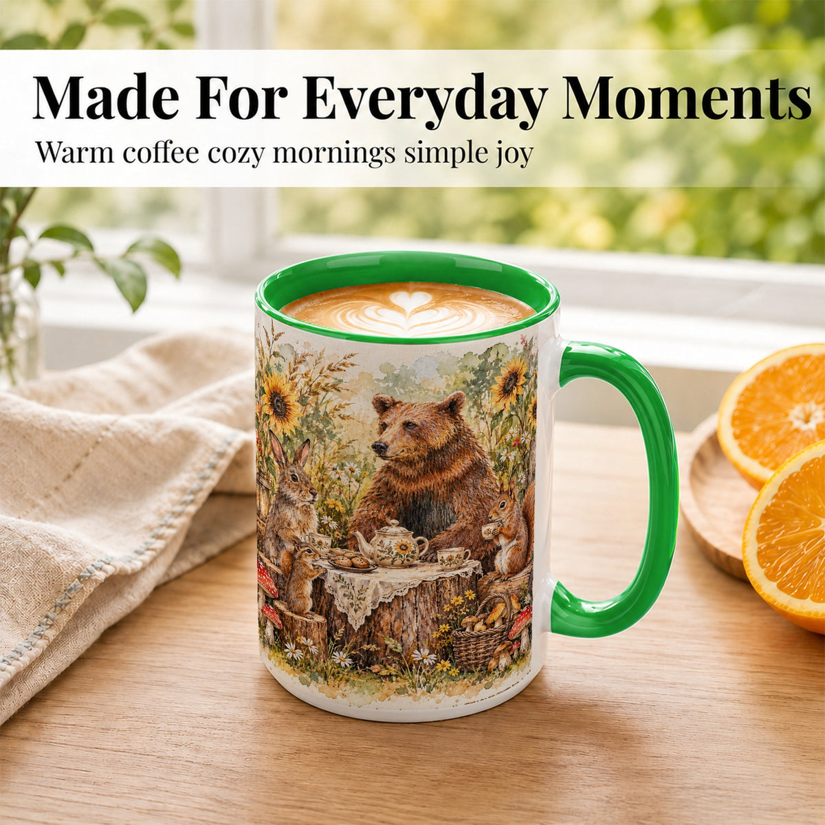 #pl[15oz|Green] Woodland Tea Party Coffee Mug, Forest Animal Mug, Ceramic Cup