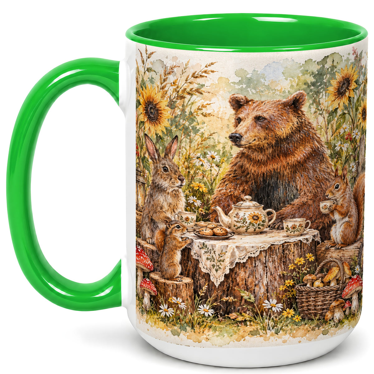 #pl[15oz|Green] Woodland Tea Party Coffee Mug, Forest Animal Mug, Ceramic Cup